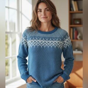 Telluride Clothing Company 100% Wool Teal and White Crew Neck Large Sweater